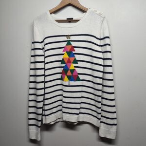 Talbots Christmas Sweater Women M Cream Blue Stripes Tree Winter Holiday Party